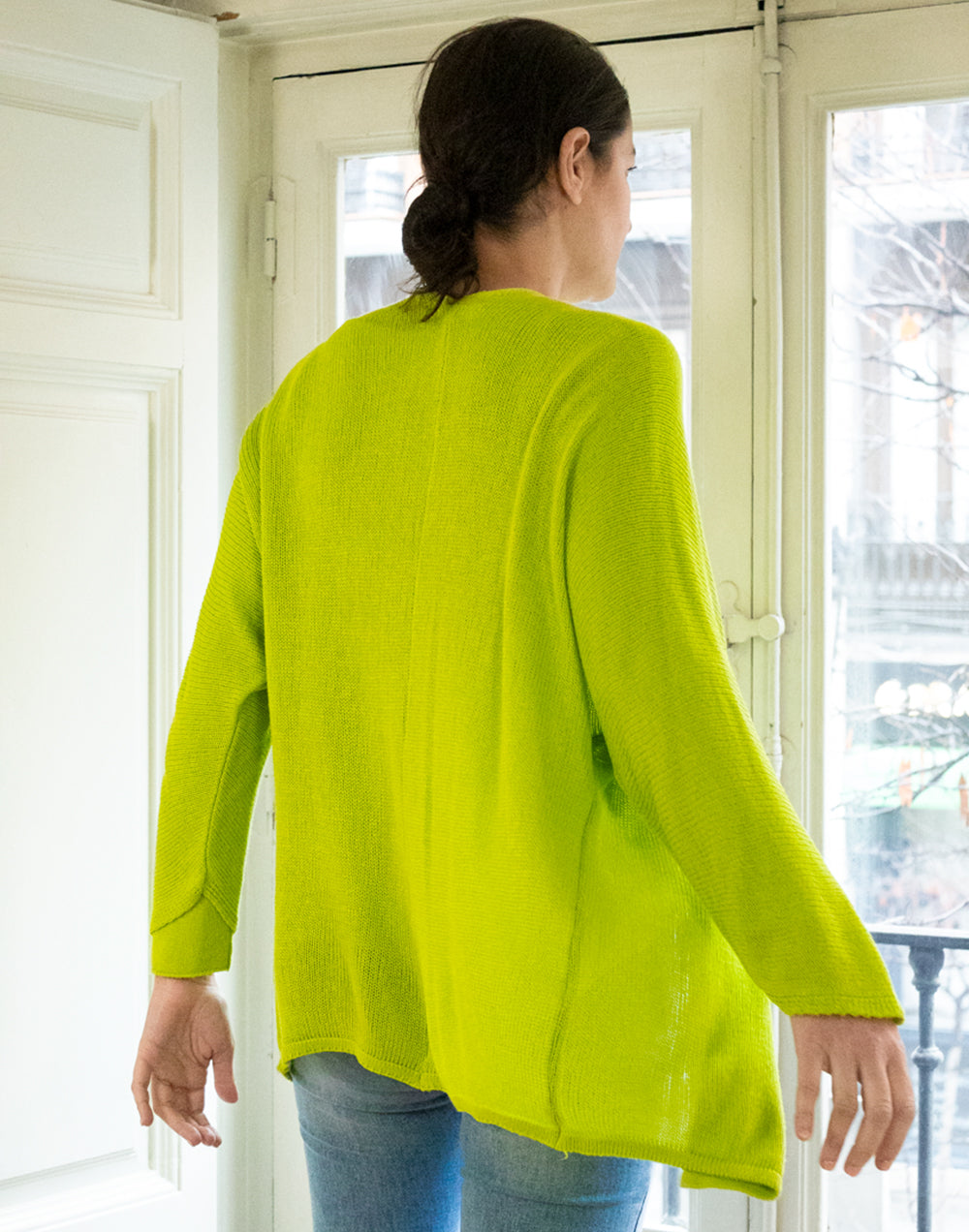 Chaqueta 34 de punto calado verde pistacho muestrarios de ropa y moda de mujer vestir bien con talla grande plus