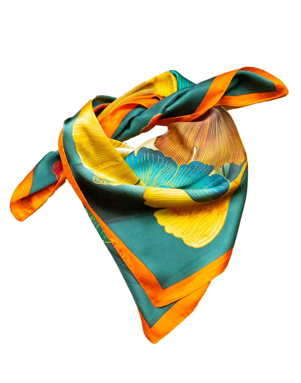 Pañuelo de seda con estampado botánico ginkgo sobre fondo turquesa tienda de ropa mujeres muestrarios accesorios complementos pañuelo seda botanico ginkgo