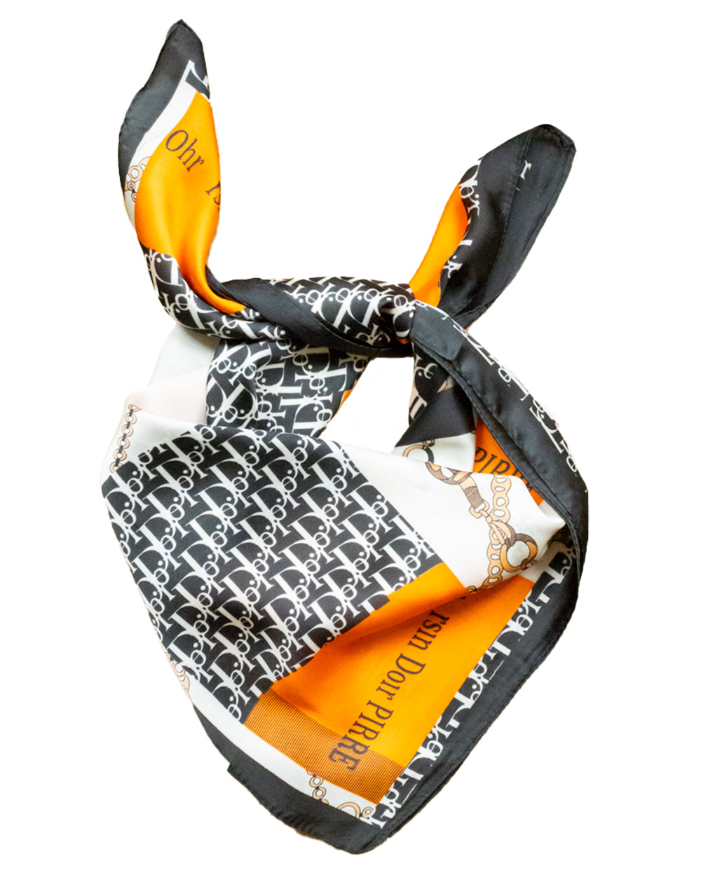 Pañuelo de seda con cadenas y detalles tipográficos naranja tienda de ropa mujeres muestrarios accesorios complementos pañuelo seda cadenas detalles tipografico tipografia