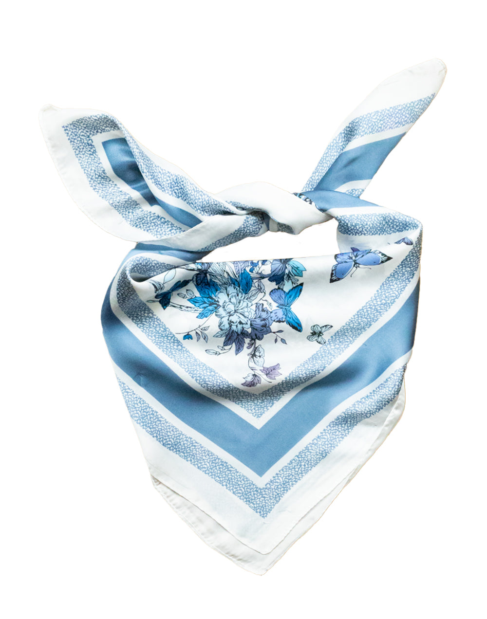 Pañuelo de seda con estampado de flores y mariposas azul tienda de ropa mujeres accesorios pañuelo seda estampado