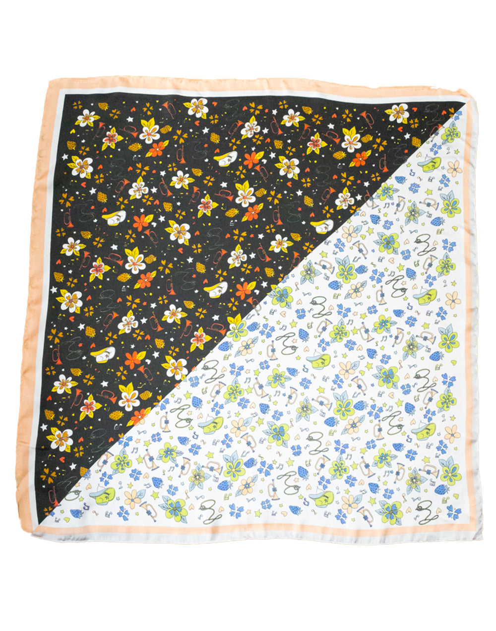 Pañuelo de seda con estampado botanico bicolor negro tienda de ropa mujeres muestrarios accesorios complementos seda flores estampado