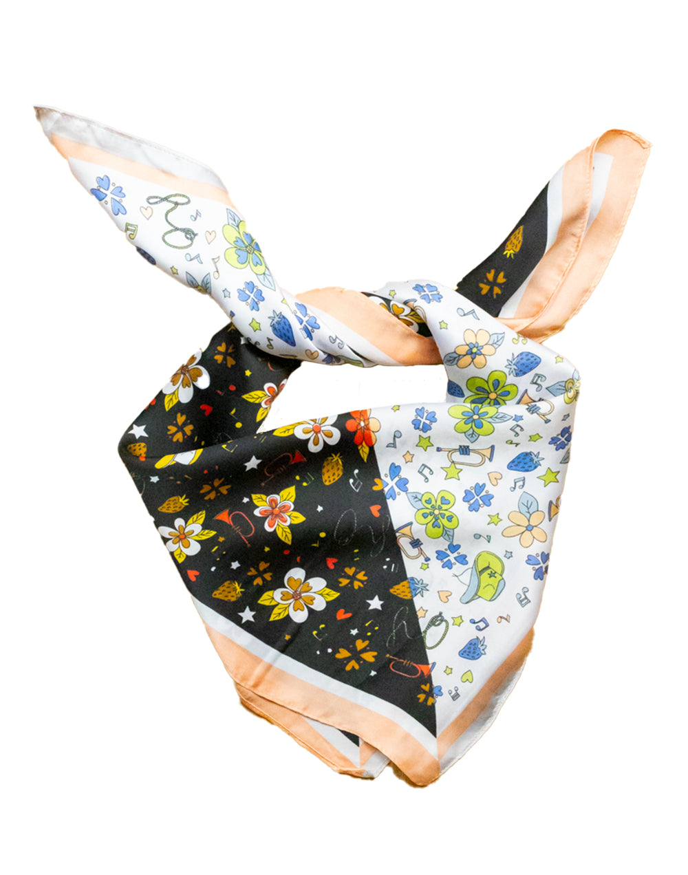 Pañuelo de seda con estampado botanico bicolor negro tienda de ropa mujeres muestrarios accesorios complementos seda flores estampado