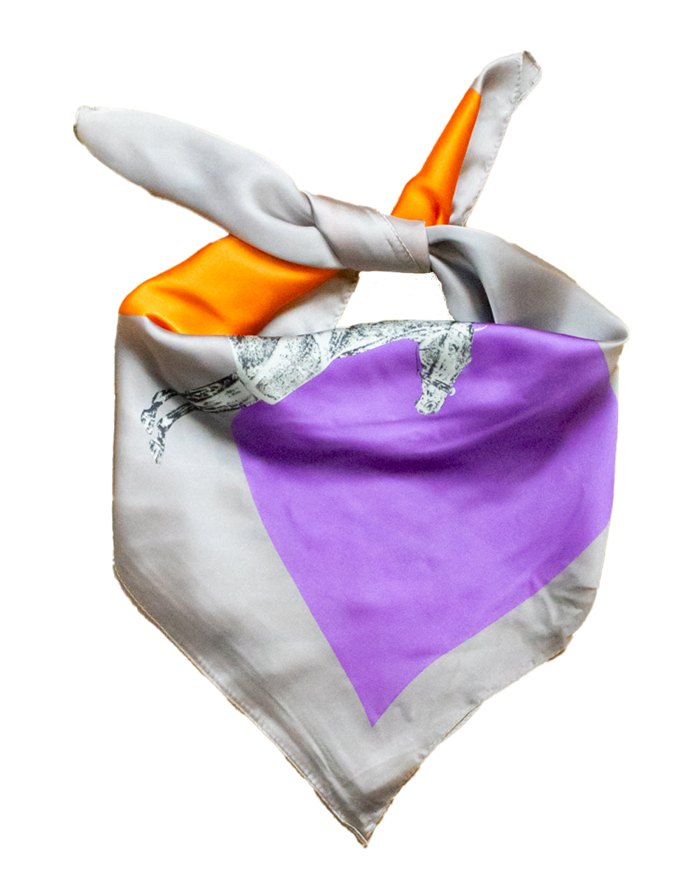 Pañuelo de seda con diseño geométrico y figura ecuestre sobre fondo gris tienda de ropa mujeres muestrarios accesorios complementos