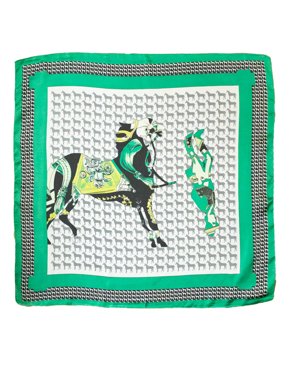 Pañuelo de seda con patrón y figura ecuestre verde tienda de ropa muestrarios mujeres accesorios complementos pañuelos seda patron