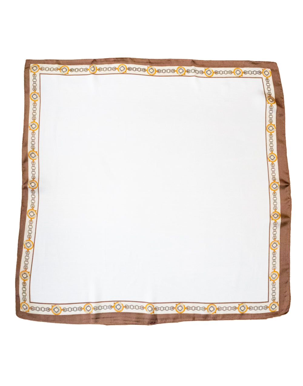 Pañuelo de seda con borde de eslabones sobre fondo blanco tienda de ropa muestrarios mujeres minimalista pañuelos pequeño marco borde eslabones marrón