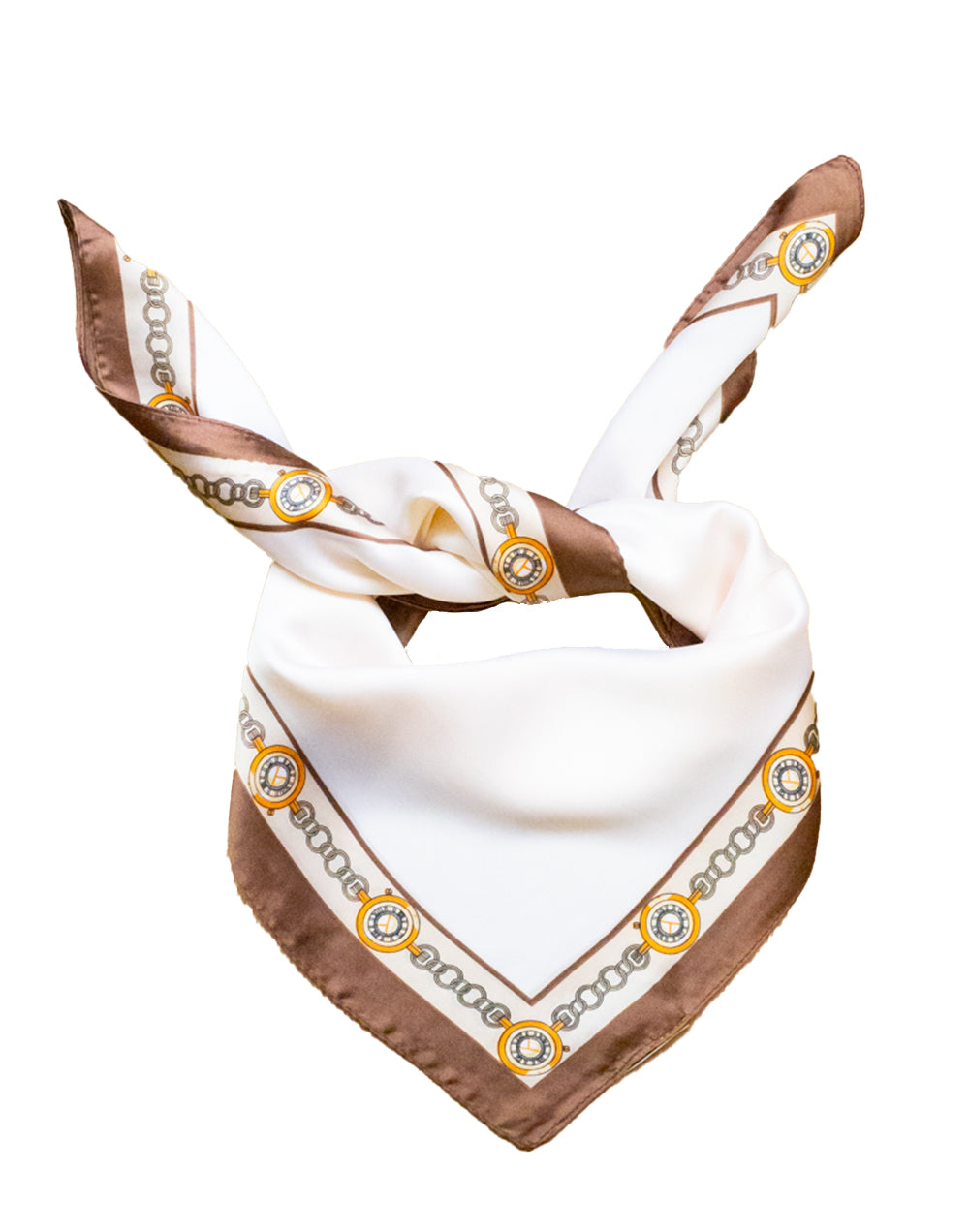 Pañuelo de seda con borde de eslabones sobre fondo blanco tienda de ropa muestrarios mujeres minimalista pañuelos pequeño marco borde eslabones marrón