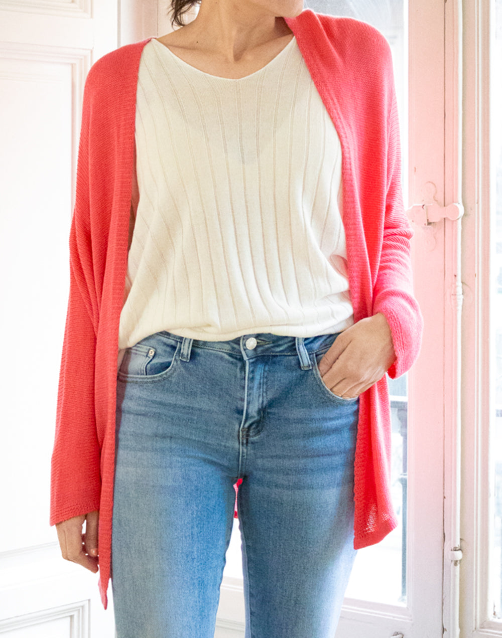 Chaqueta 34 de punto calado coral muestrarios de ropa y moda de mujer vestir bien con talla grande plus