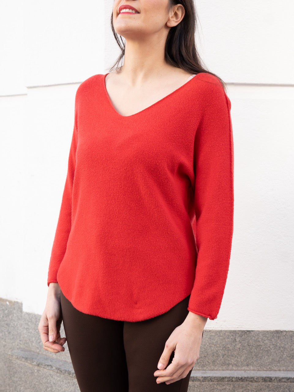 Jersey recto sin costuras cuello pico rojo muestrarios de ropa y moda de mujer jerséis de colores primavera
