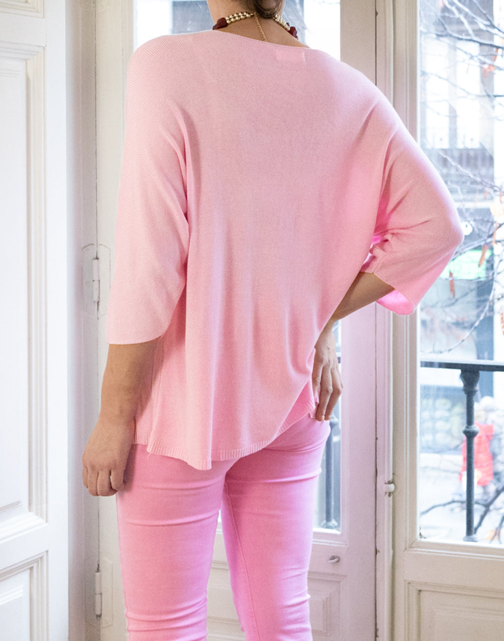 Jersey de punto fino con calado de rombos rosa muestrarios de moda y ropa de mujer vestir bien con talla grande plus