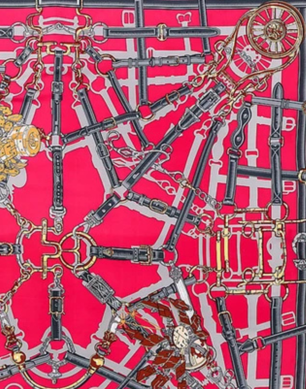 Pañuelo de seda con cadenas de inspiración ecuestre rosa fucsia muestrarios de ropa y accesorios de mujer vestir bien elegante carré o foulard de seda
