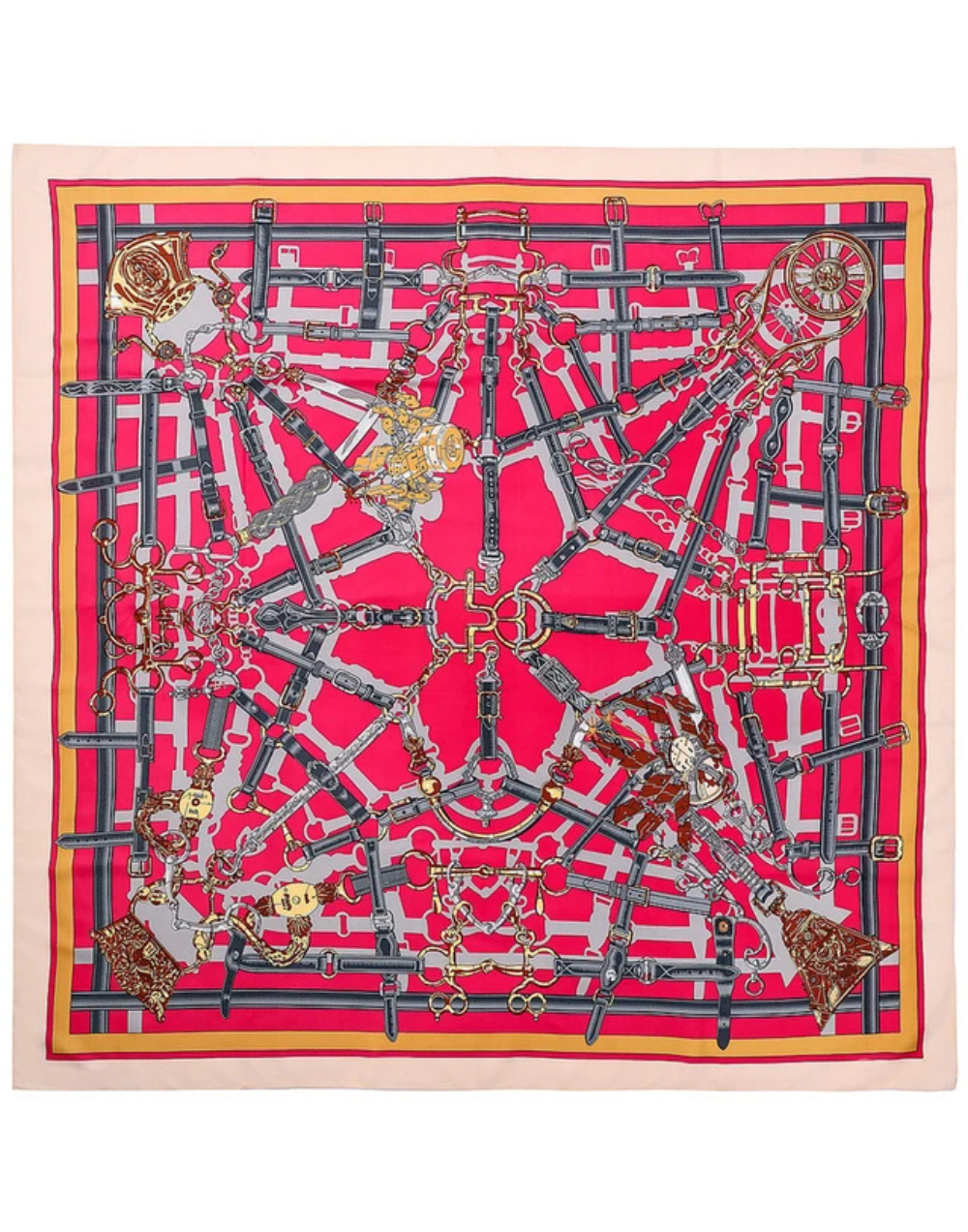 Pañuelo de seda con cadenas de inspiración ecuestre rosa fucsia muestrarios de ropa y accesorios de mujer vestir bien elegante carré o foulard de seda
