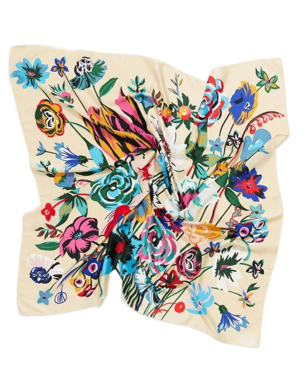 Pañuelo de seda multi flores fondo blanco marfil muestrarios de ropa y accesorios de mujer foulard