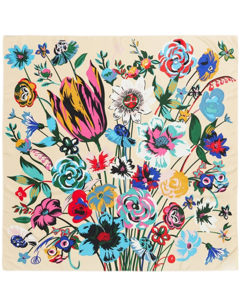 Pañuelo de seda multi flores fondo blanco marfil muestrarios de ropa y accesorios de mujer foulard
