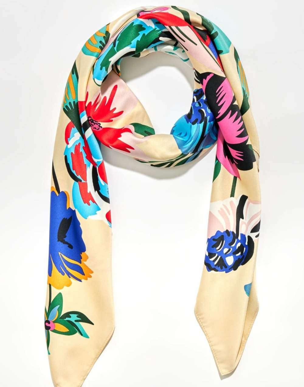 Pañuelo de seda multi flores fondo blanco marfil muestrarios de ropa y accesorios de mujer foulard
