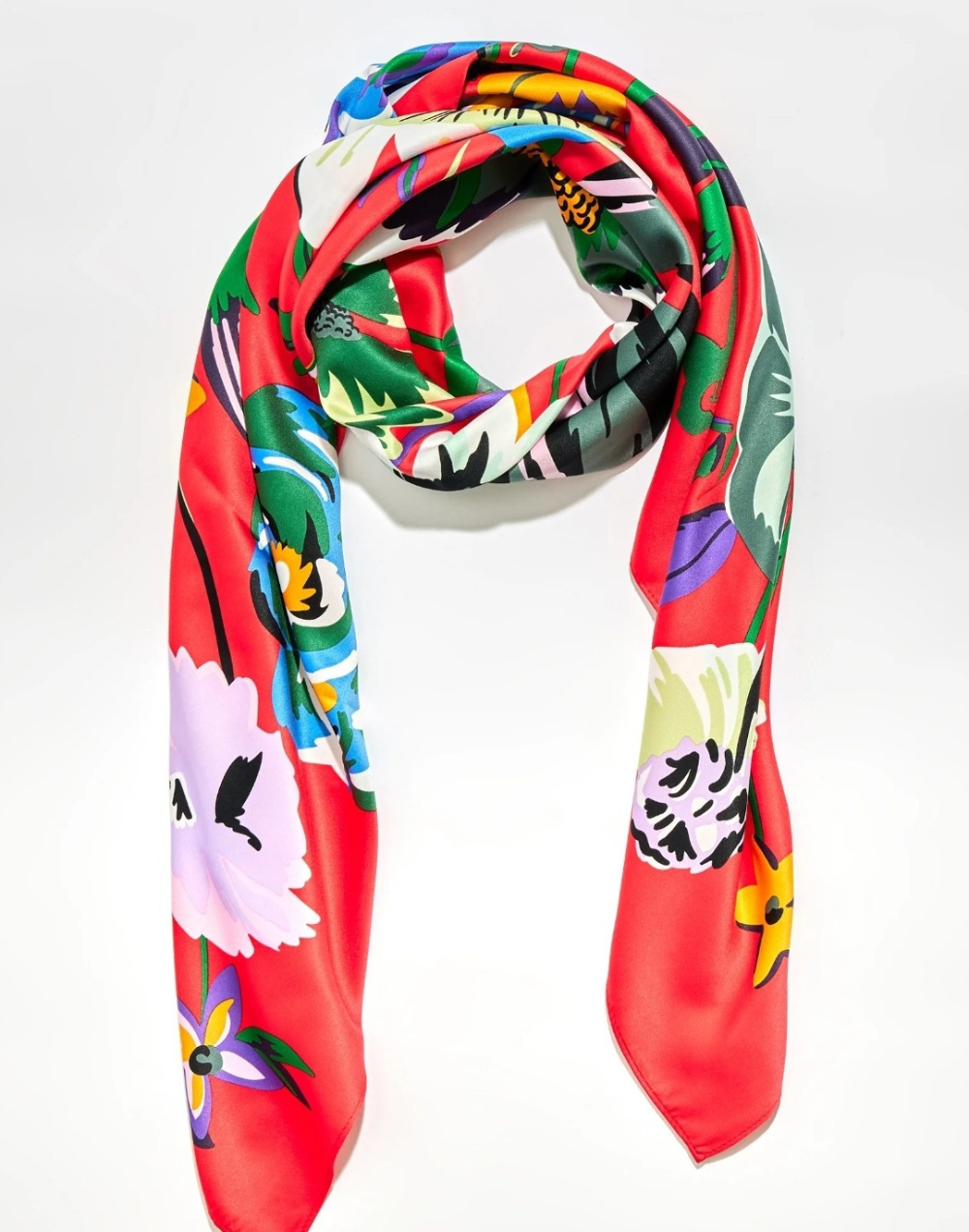 Pañuelo de seda multi flores fondo coral muestrarios de ropa y accesorios de mujer foulard