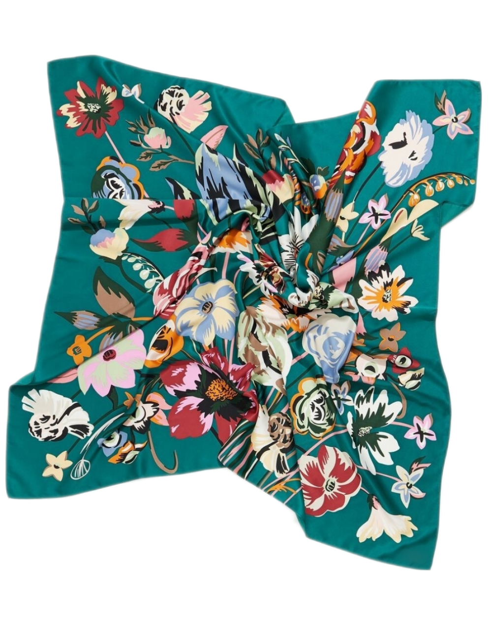 Pañuelo de seda multi flores fondo verde muestrarios de ropa y moda de mujer vestir bien accesorios foulard