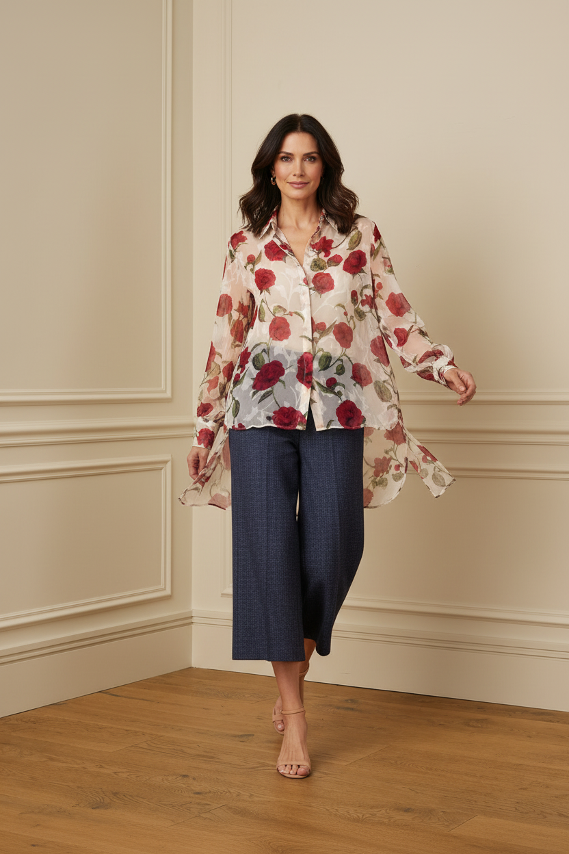 Blusa rosas + culotte navy - en movimiento