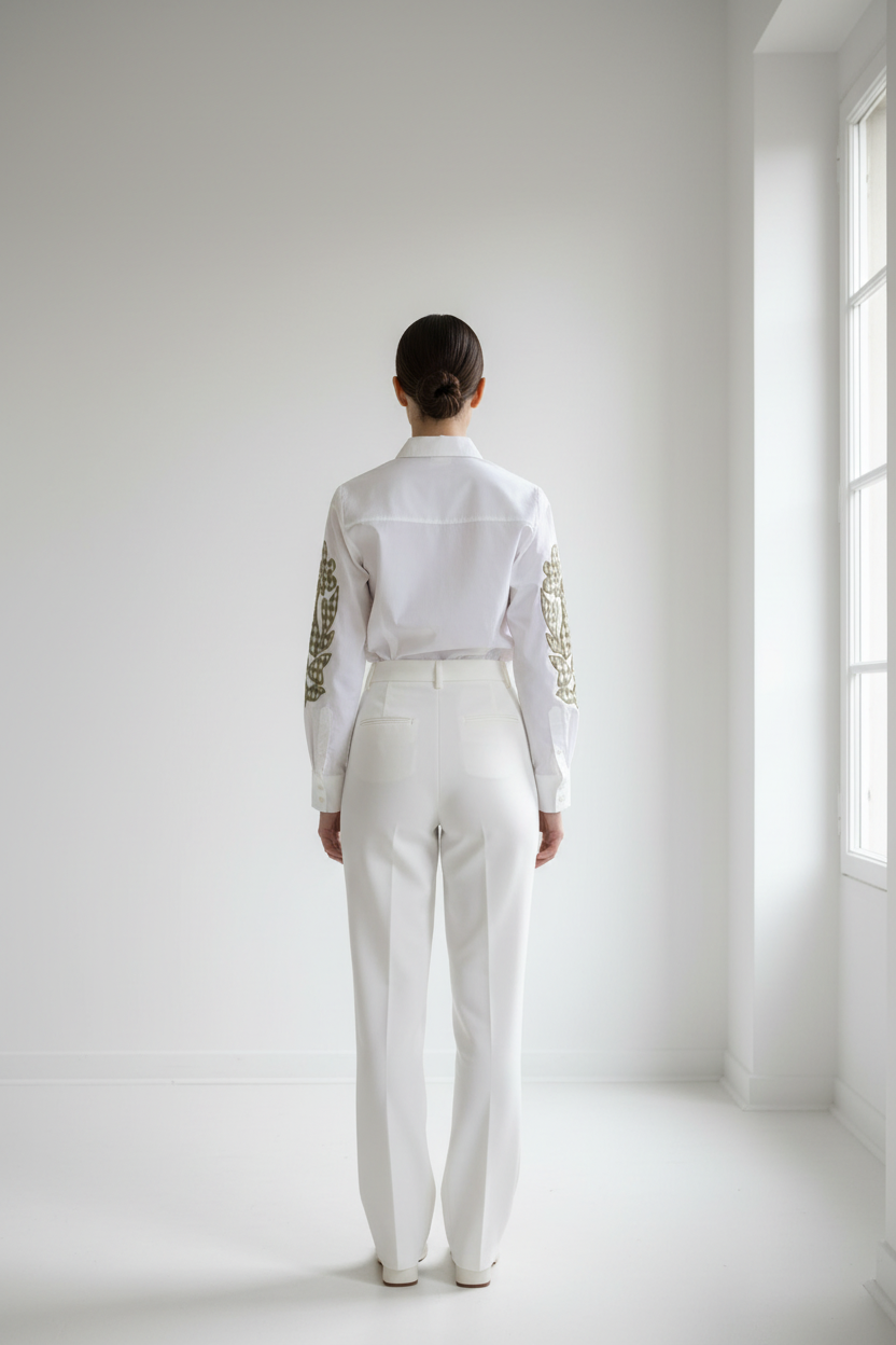 Camisa blanca con bordado verde kaki - espalda