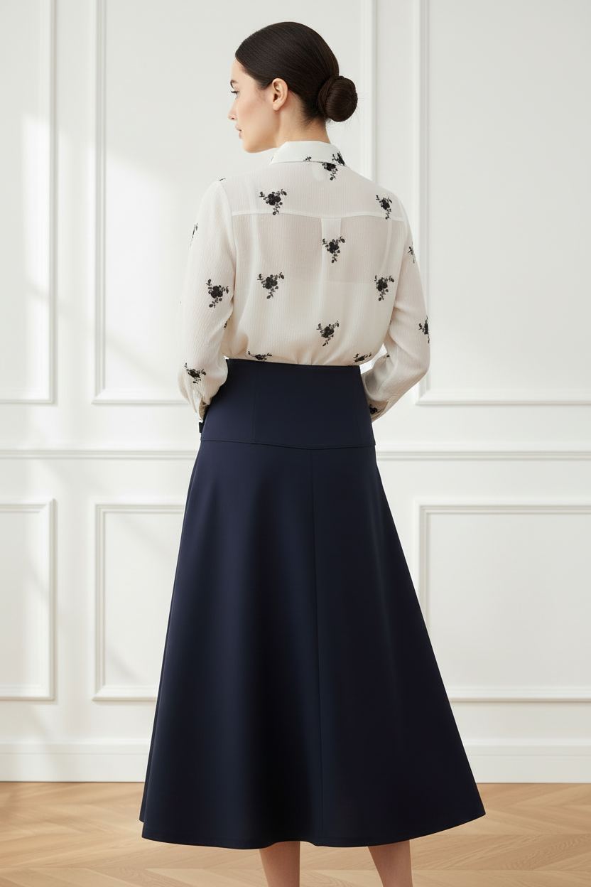 Camisa flores negras + falda navy - espaldas