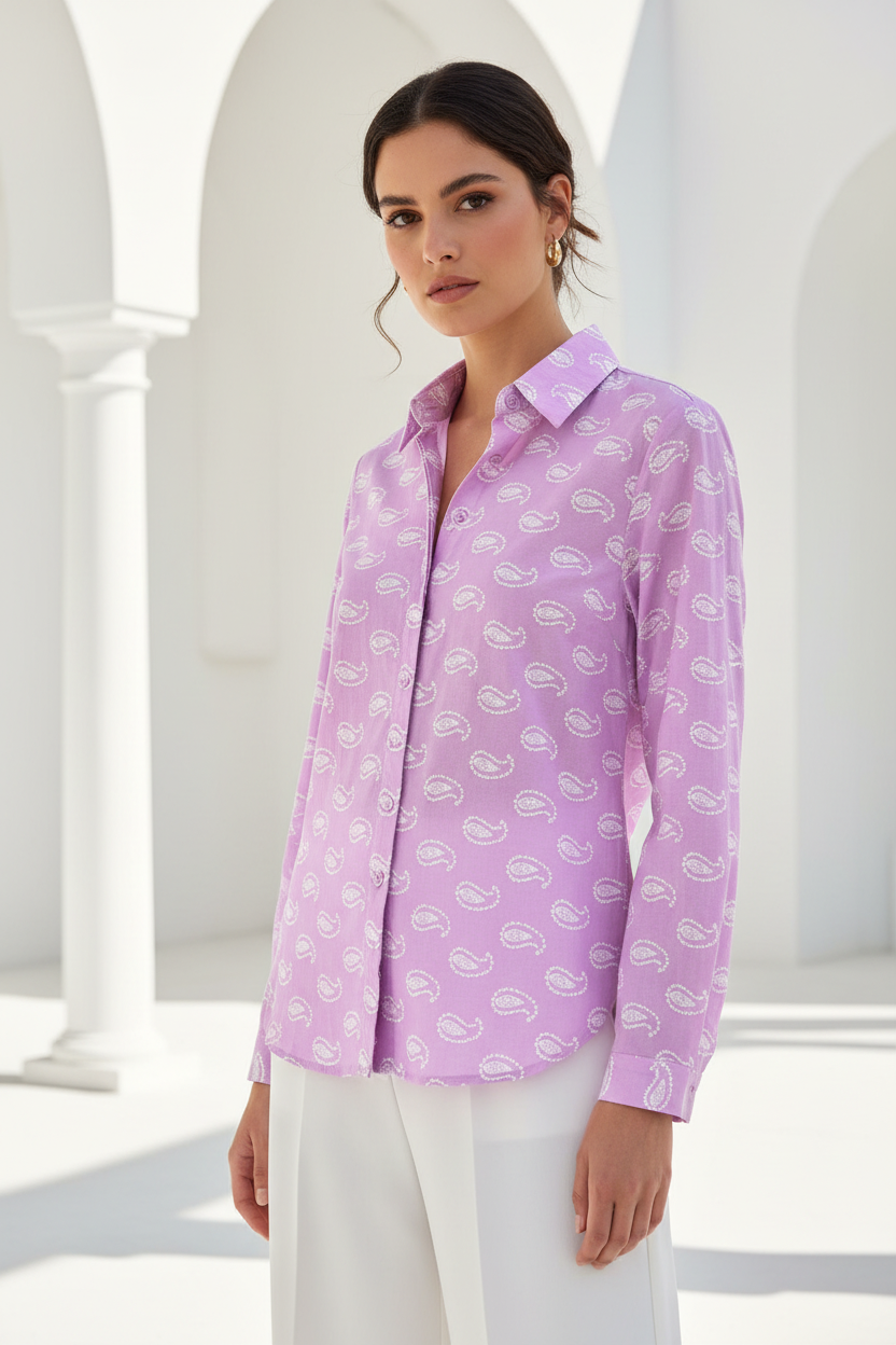Camisa paisley lila - tres cuartos