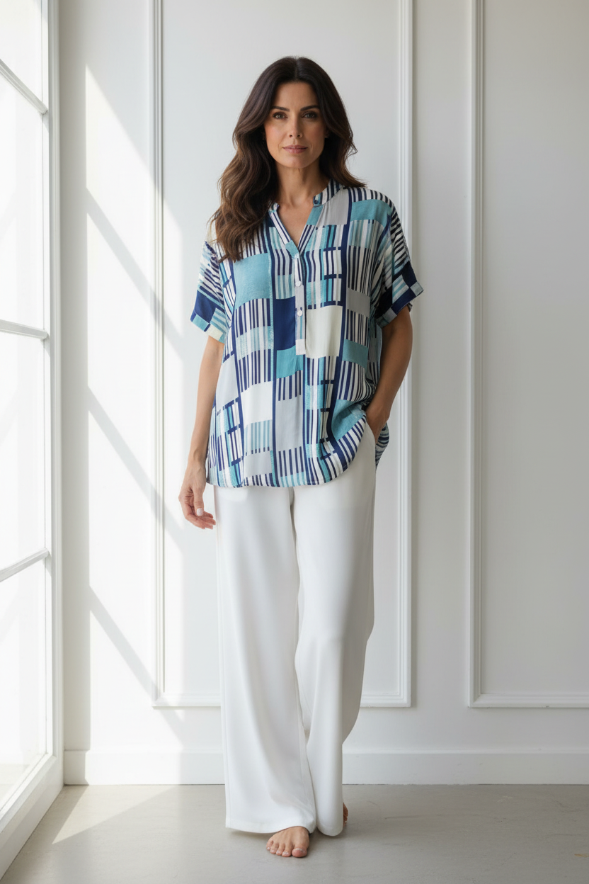 Camisa patchwork geométrico sin bolsillo