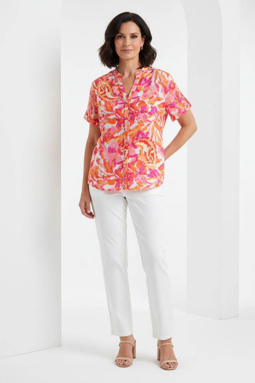Camisa Z5156 floral naranja fucsia en modelo