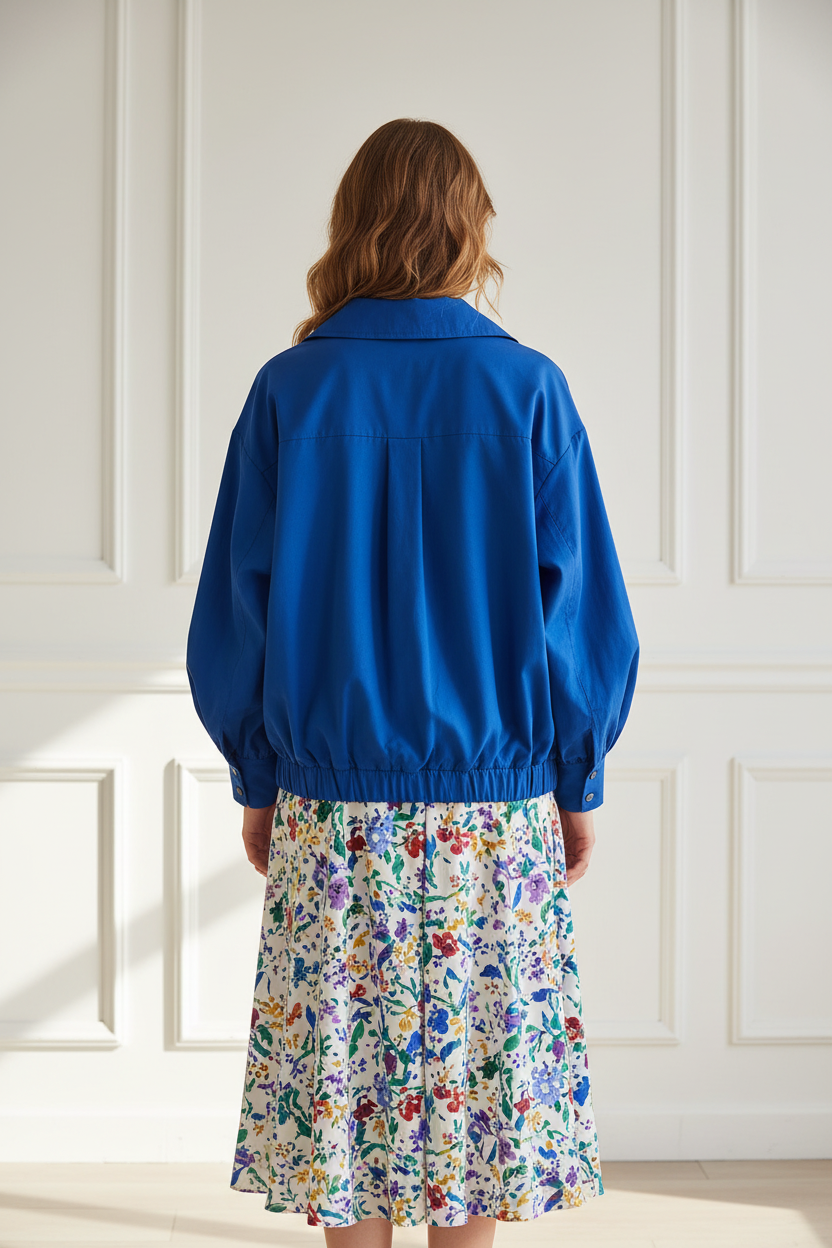 Cazadora azul + vestido - vista trasera