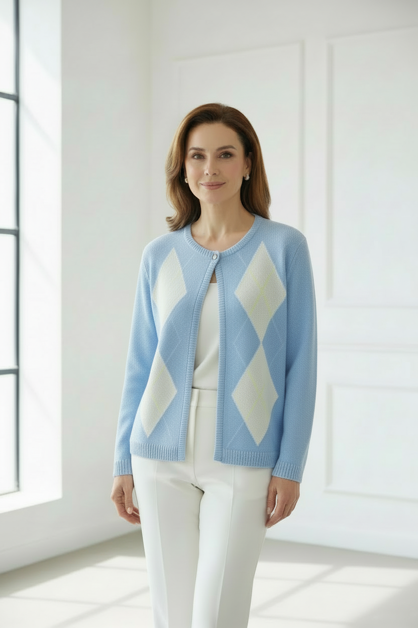 Chaqueta argyle azul vista frontal cercana