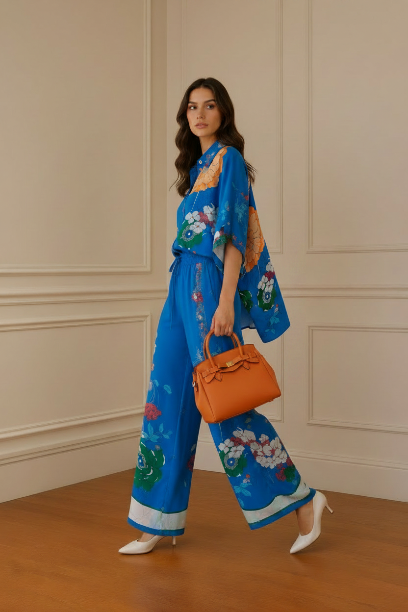 Conjunto azul floral - camisa por fuera sin blanco