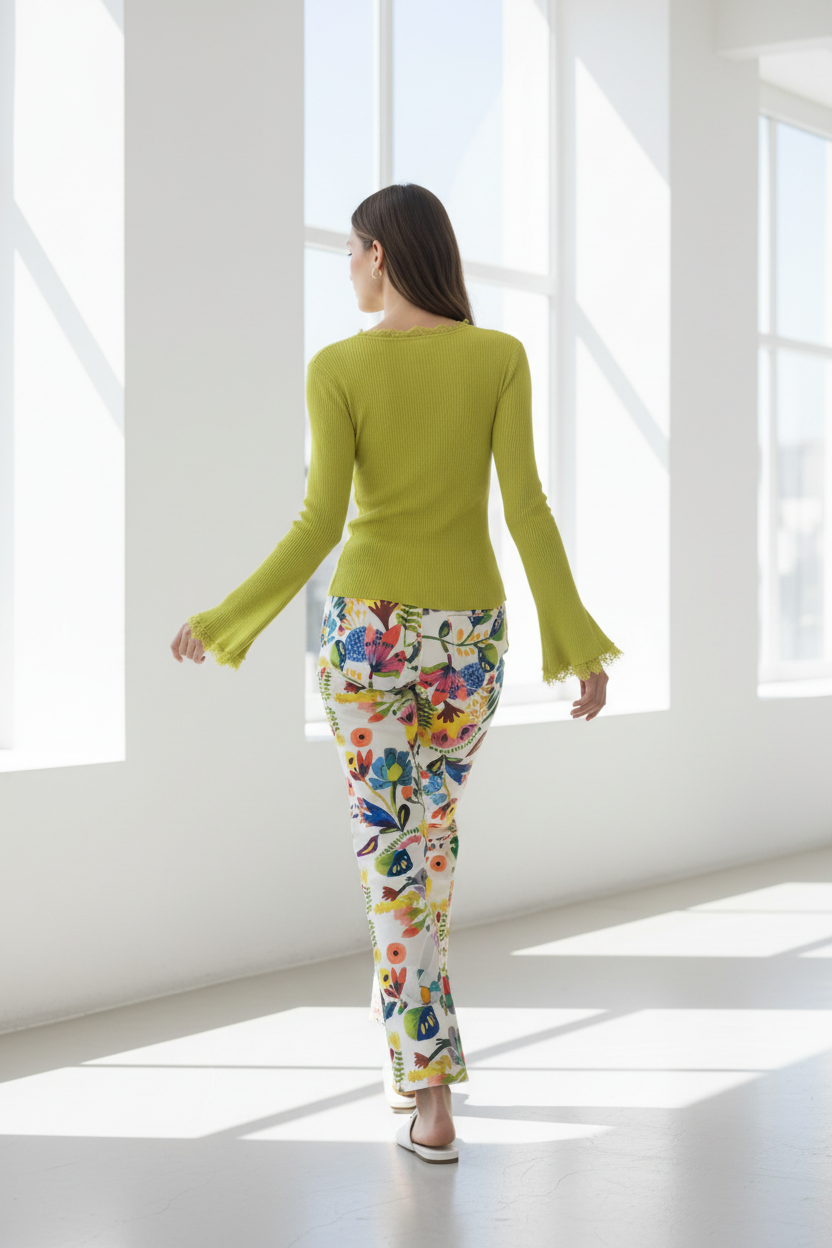 Conjunto jersey amarillo lima y pantalón floral - espalda