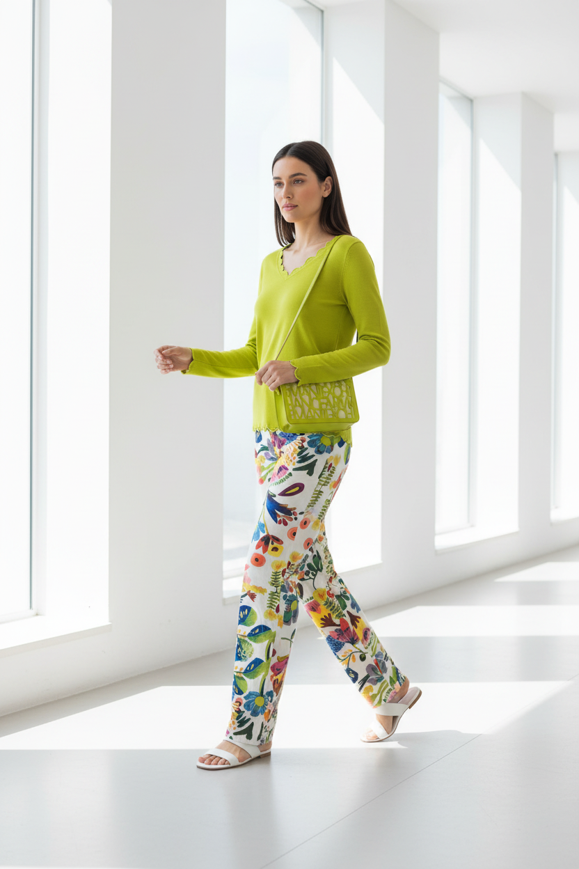 Conjunto jersey amarillo, pantalón floral y bolso