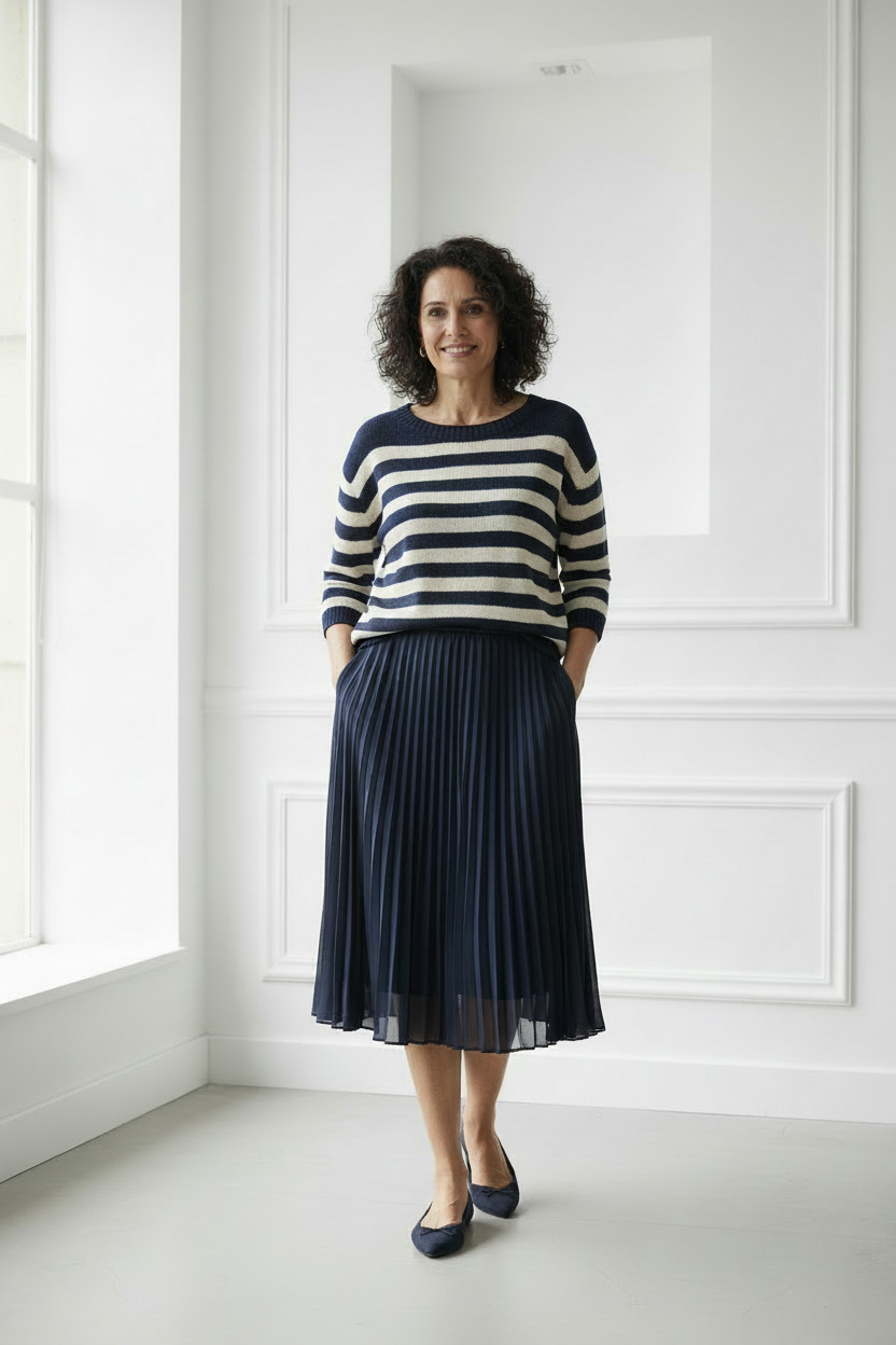 Conjunto marino con gabardina crema