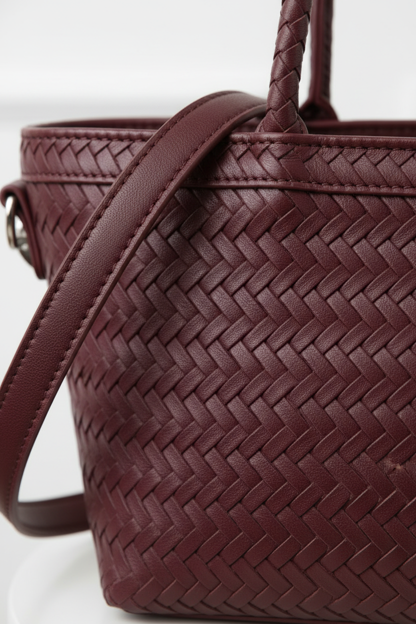 Bolso tote trenzado burdeos - detalle textura