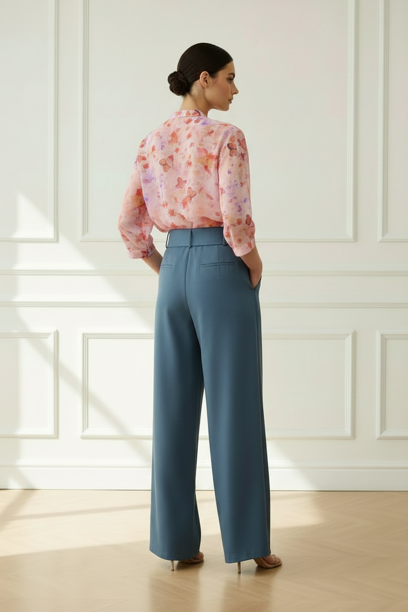 Espalda - camisa mariposas + pantalón azul