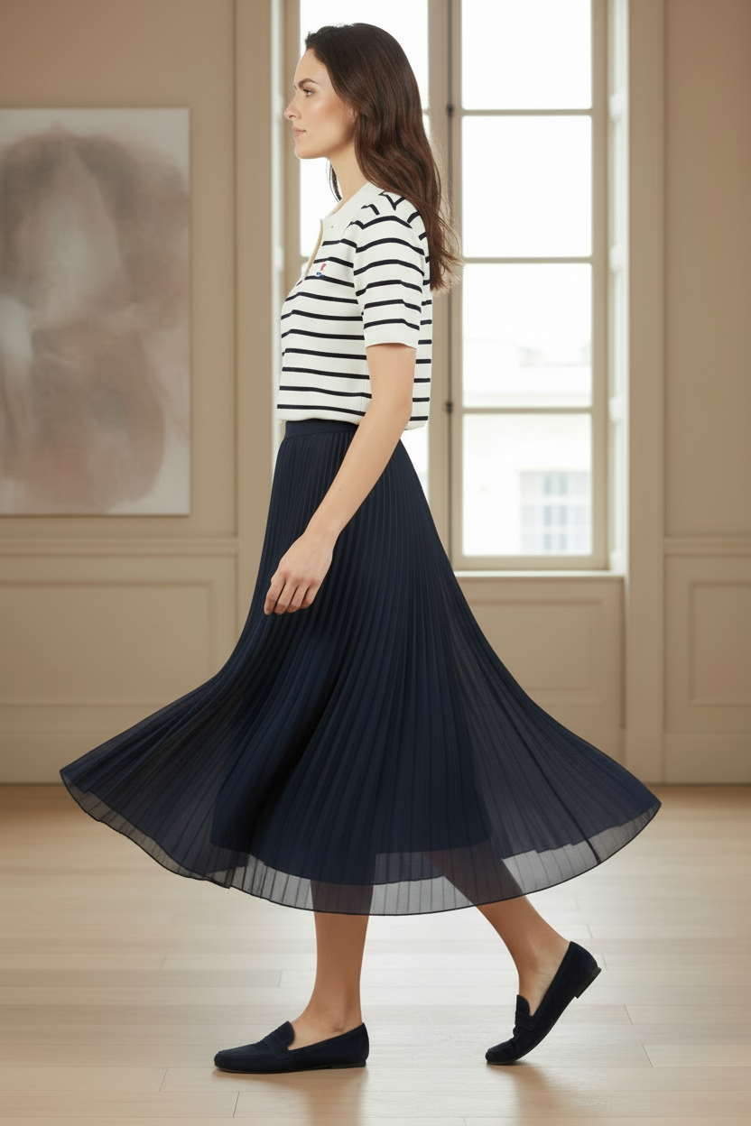 Falda plisada azul marino - Vista lateral con paredes blancas