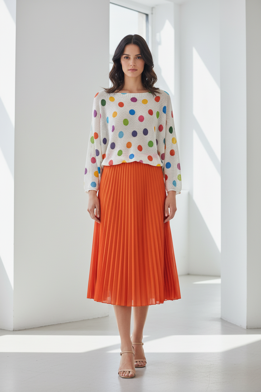 Frontal - jersey lunares + falda naranja