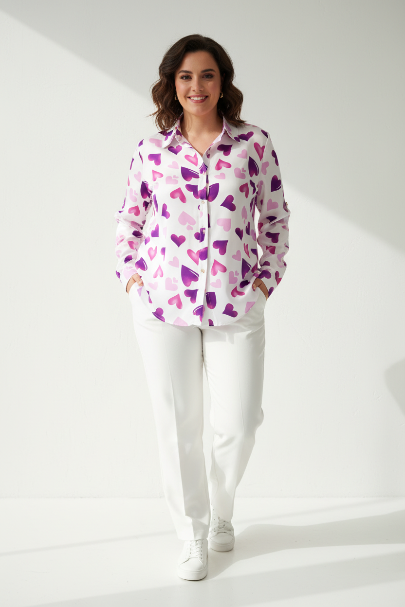 Camisa satinada estampado corazones morados tallas grandes mujer muestrarios moda mediana edad elegante talla XL