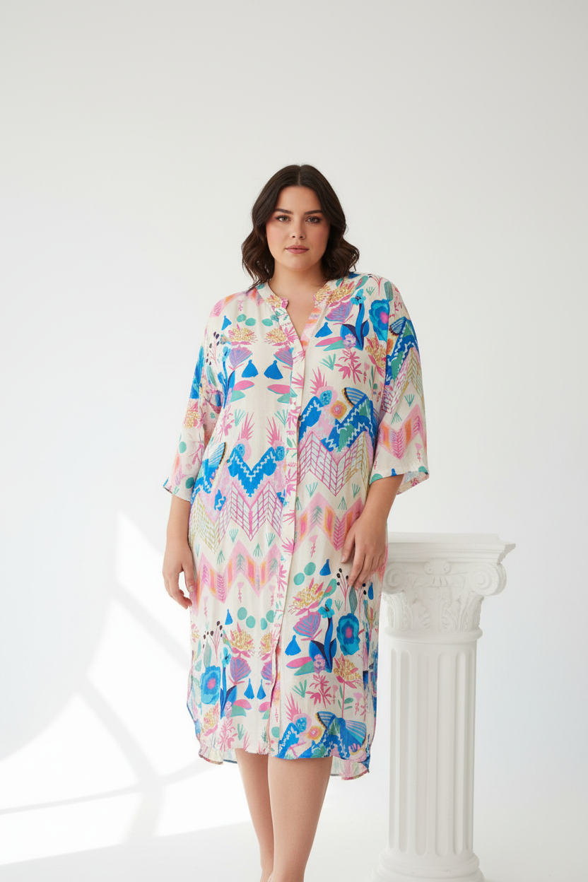 Vestido caftán estampado floral MUESTRARIOS moda mujer talla grande plus moda mujer mediana edad