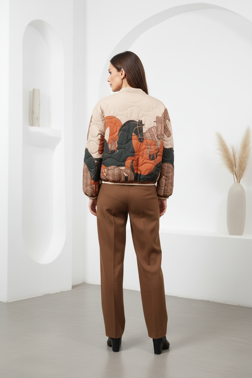 Chaqueta bomber acolchada estampado caballo beige y naranja muestrarios de moda