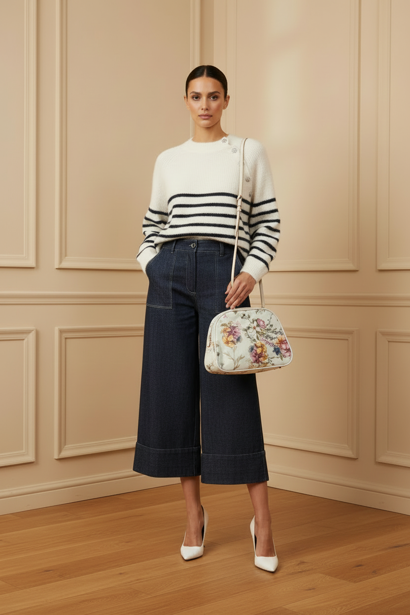 Jersey rayas + culotte denim + bolso floral bandolera frontal