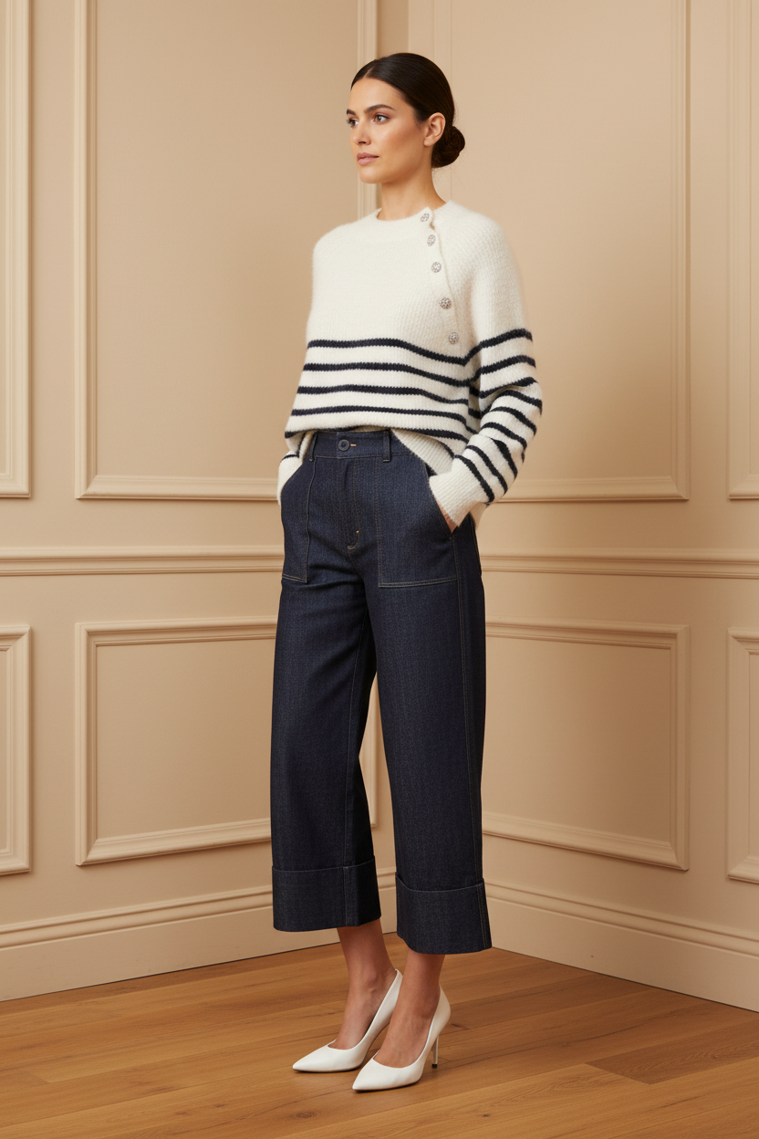 Jersey rayas navy + culotte denim 3/4