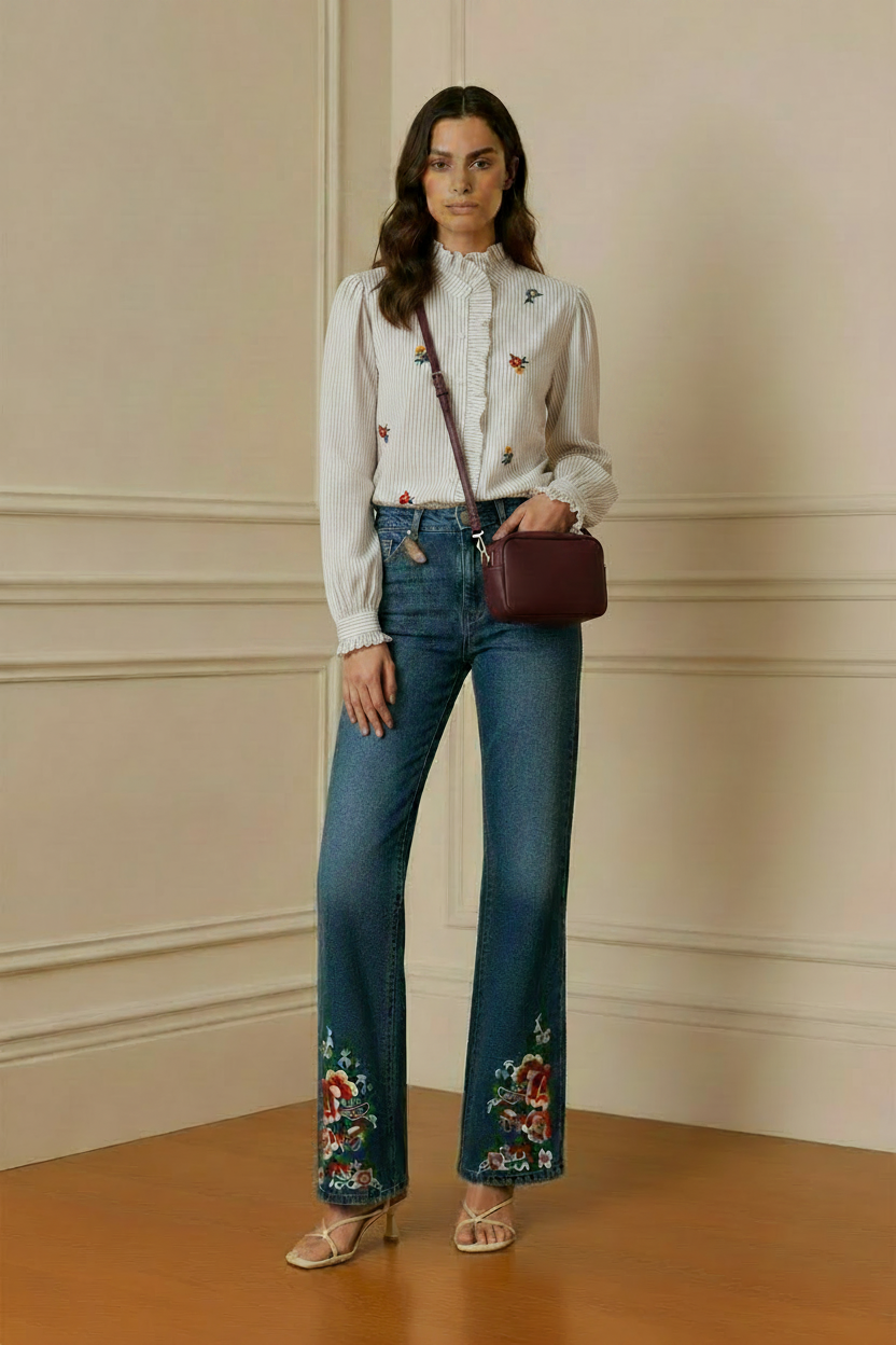 Modelo con blusa blanca de rayas con bordados florales y vaqueros bordados, vista frontal