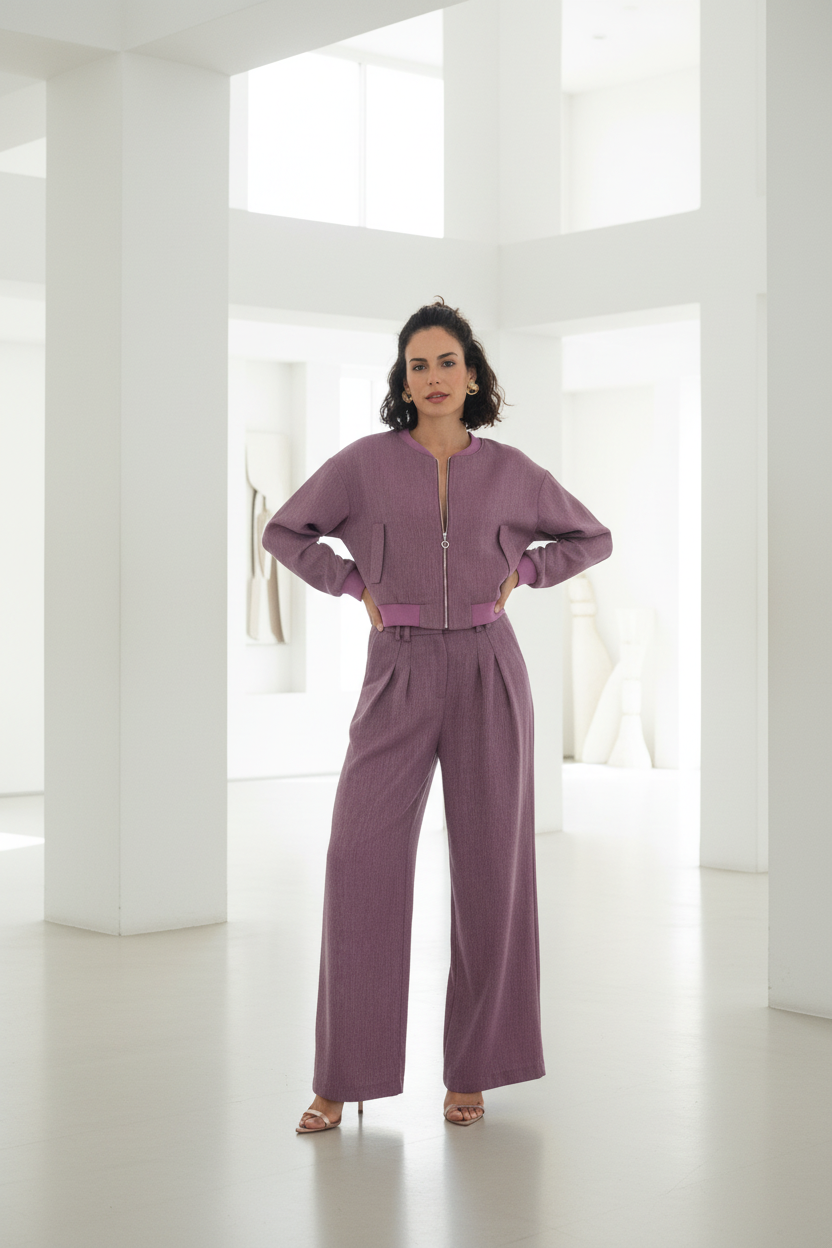 Modelo con conjunto morado en espacio arquitectónico