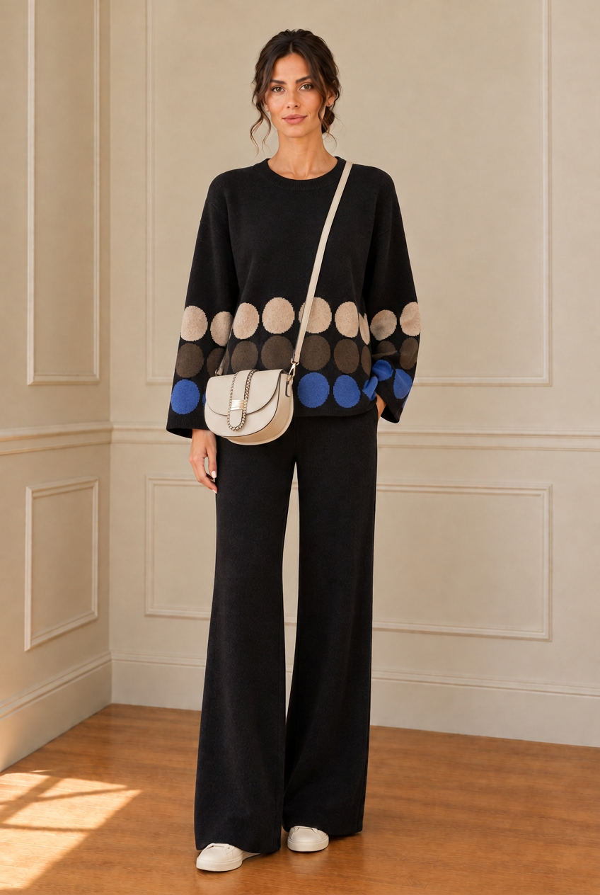 Modelo de frente con bolso beige