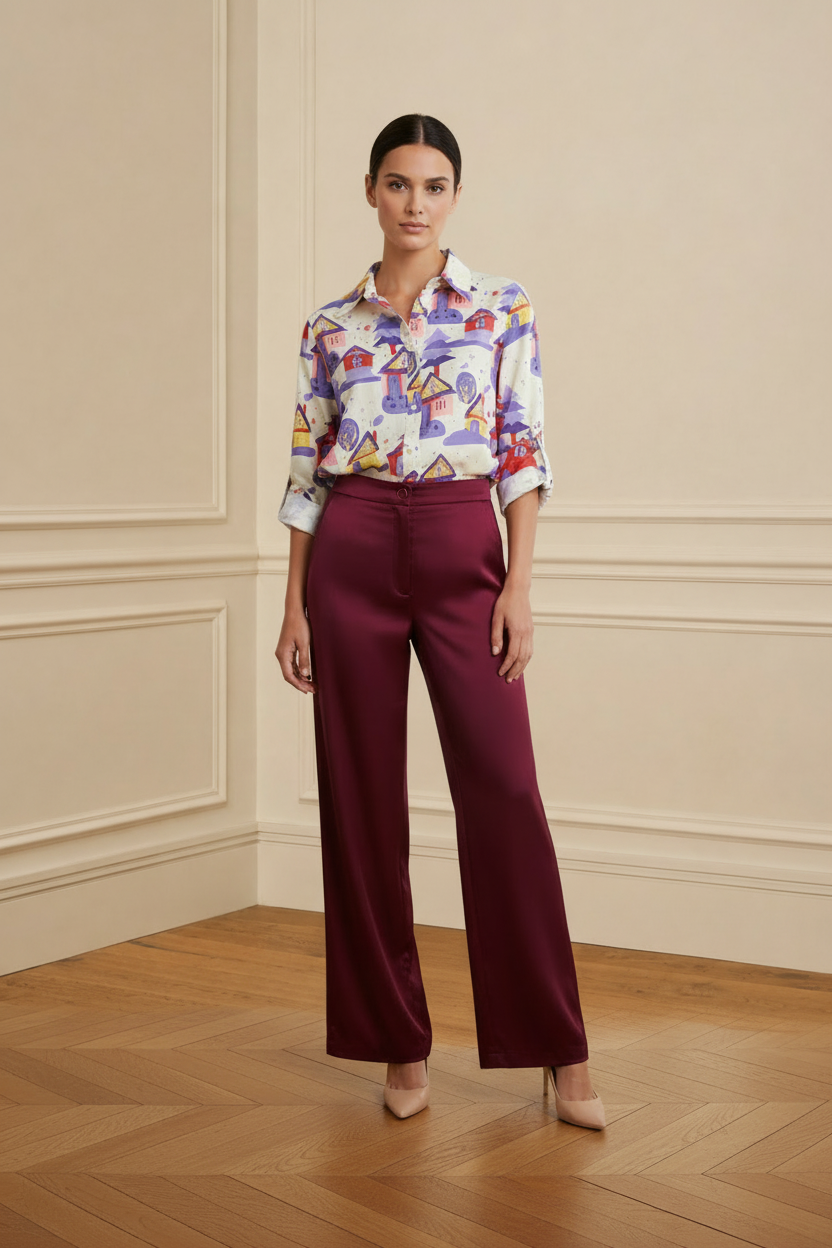 Pantalón granate + camisa casitas, fondo beige molduras frontal