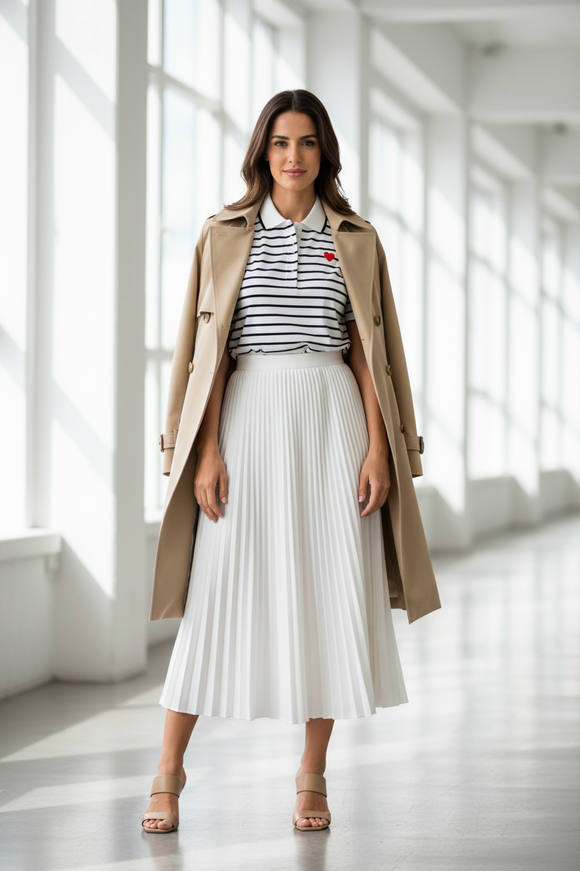 Polo marinero con gabardina beige sobre hombros