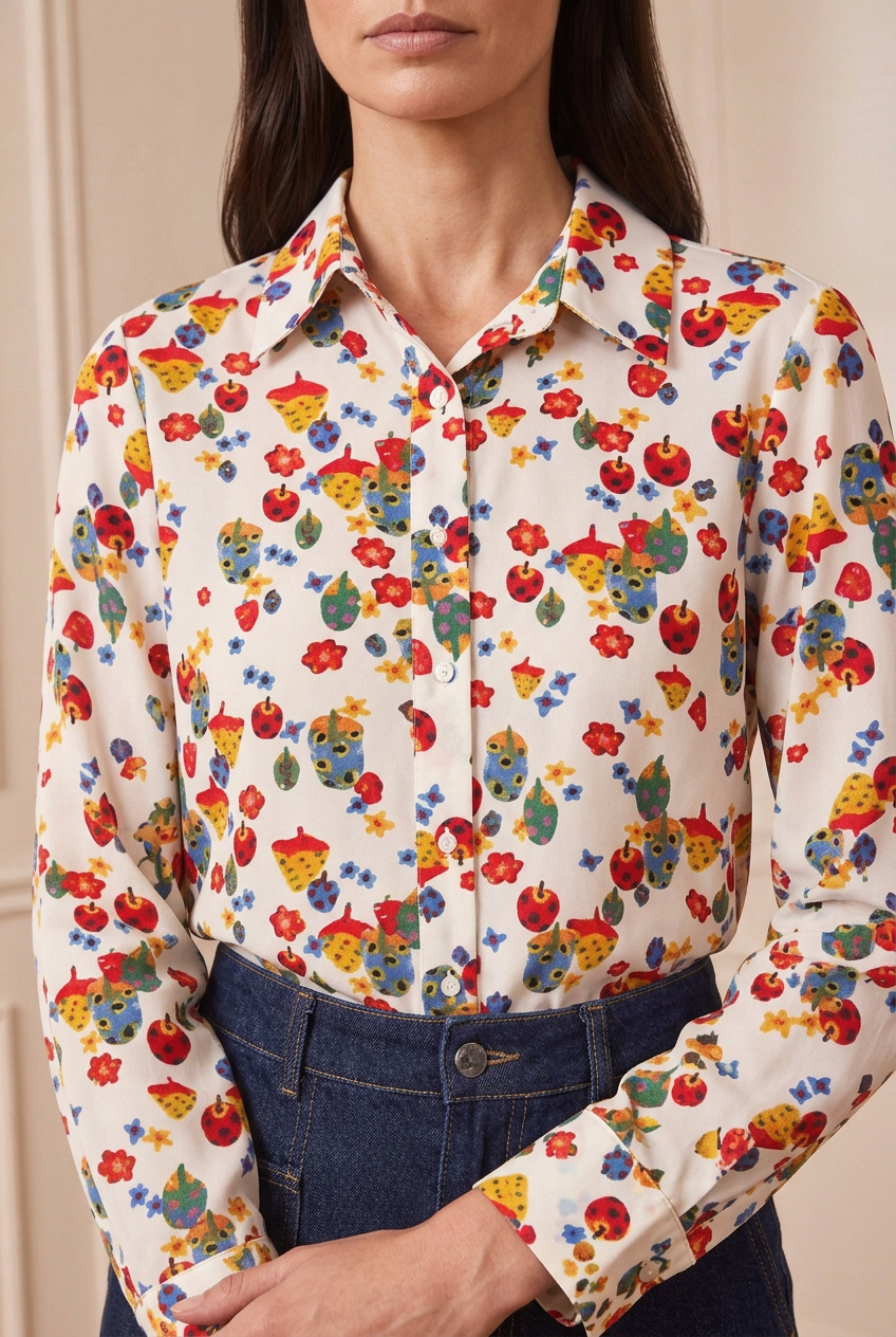 Primer plano del estampado multicolor de la camisa puesta