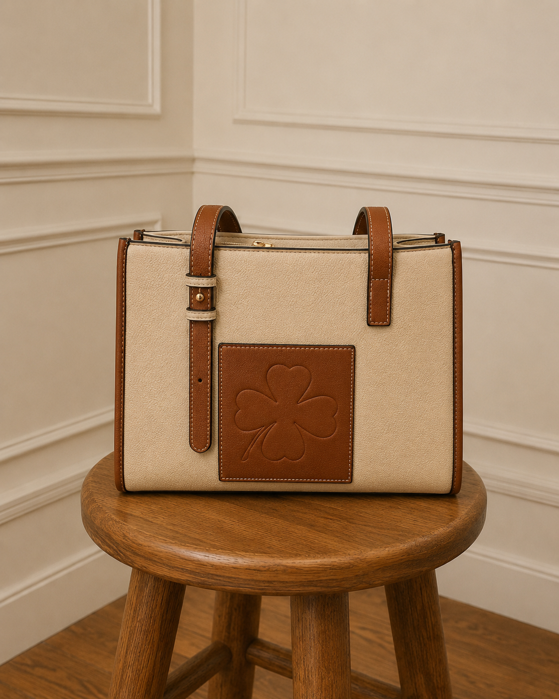Bolso tote bicolor crema y camel - vista frontal sin parche