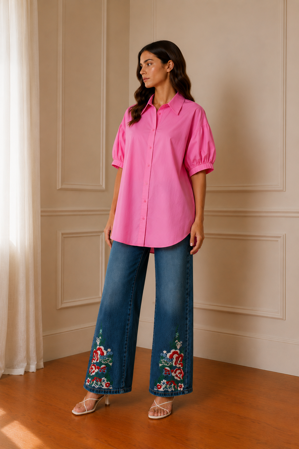 Camisa rosa chicle oversize manga globo