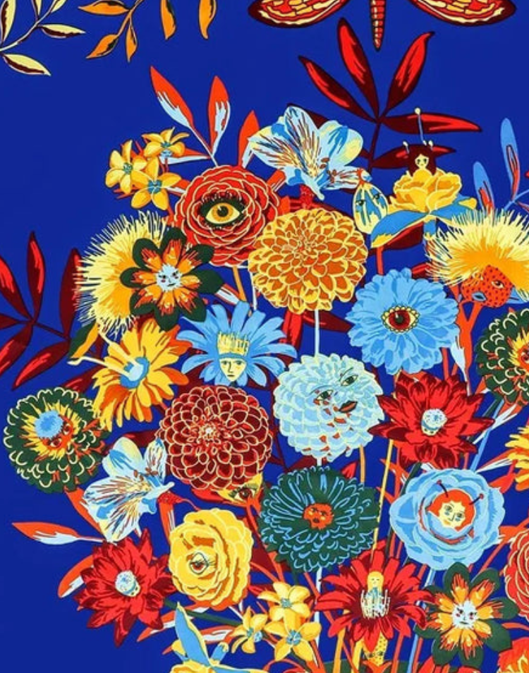 Pañuelo de seda jarrón de flores y caras azul eléctrico